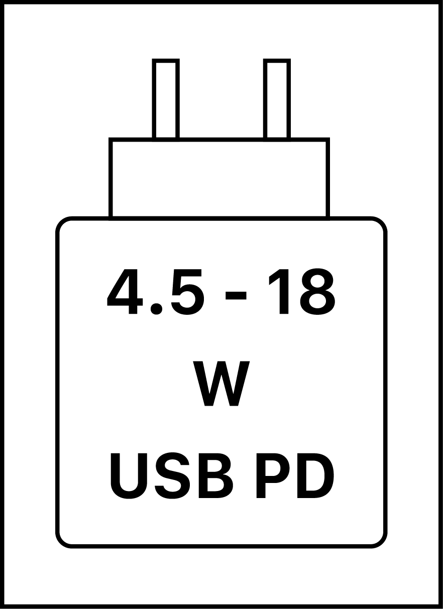 Das Gerät kann mit Netzteilen geladen werden, die eine Leistung zwischen 4,5 und 18 Watt USB PD liefern.