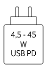 Das Gerät kann mit Netzteilen geladen werden, die eine Leistung zwischen 4,5 und 45 Watt USB PD liefern.