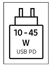 Das Gerät kann mit Netzteilen geladen werden, die eine Leistung zwischen 10 und 45 Watt USB PD liefern.