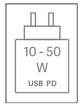 Das Gerät kann mit Netzteilen geladen werden, die eine Leistung zwischen 10 und 50 Watt USB PD liefern.