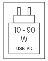 Das Gerät kann mit Netzteilen geladen werden, die eine Leistung zwischen 10 und 90 Watt USB PD liefern.